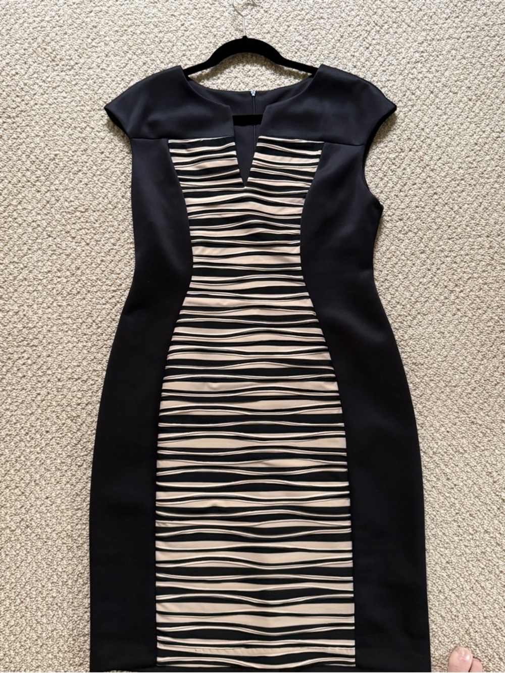 Dress Barn Black Midi Sheath Dress with Cream Wave Stripe Panel